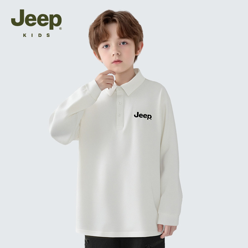 Jeep吉普童装男童长袖POLO衫春秋新款儿童白色T恤秋装青少年上衣