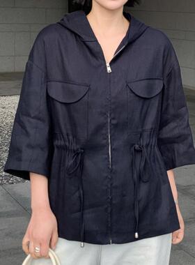 【文颖Eve】韩系慵懒风连帽七分袖抽绳收腰防晒衬衫H53523-YRA