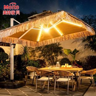 户外庭院太阳能灯条仿真茅草稻草大罗马伞景区民宿室外遮阳中柱伞