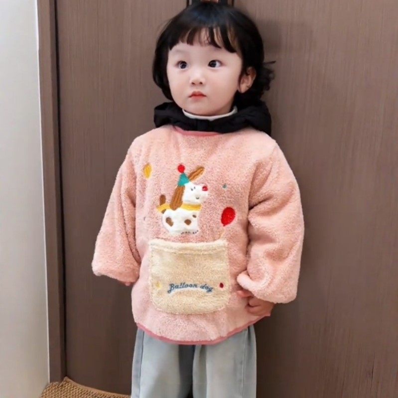 儿童罩衣外穿洋气女童卡通长袖反穿衣冬加厚防水防脏毛绒宝宝围裙