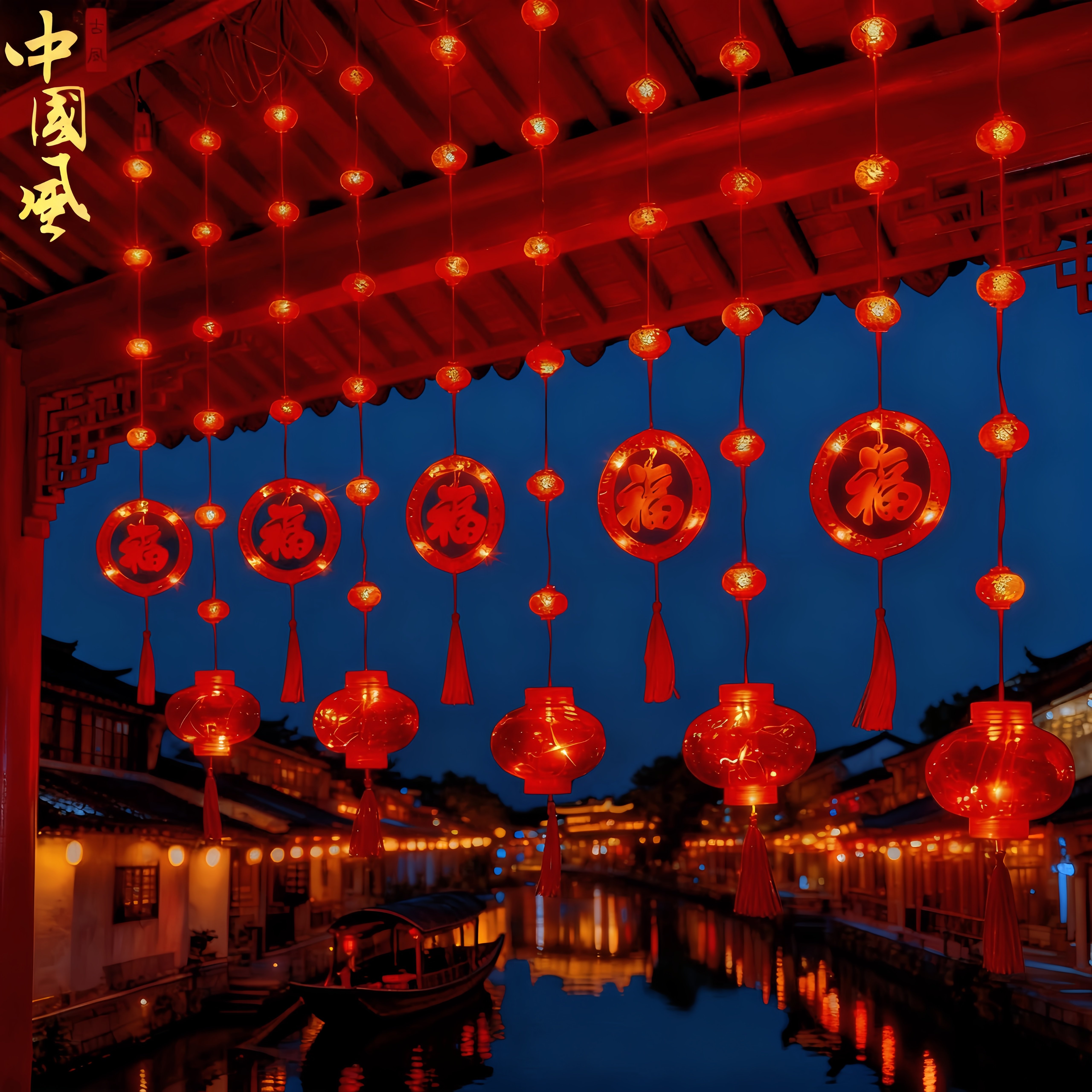 新年彩灯led福字窗帘灯新年家用阳台花园太阳能灯节日布置氛围灯