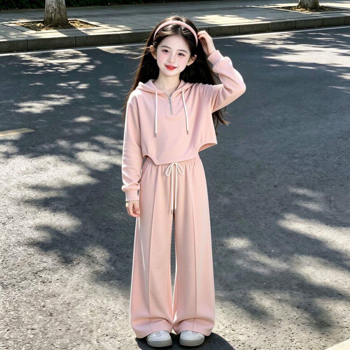 儿童休闲韩系穿搭春秋连帽卫衣套装12岁女童洋气百搭阔腿裤两件套
