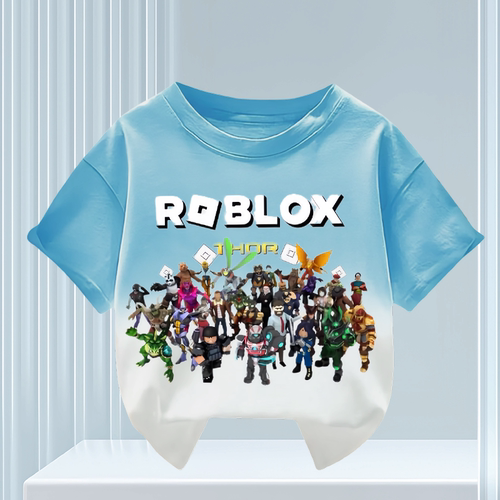 Roblox虚拟世界夏新款男女中大儿童渐变短袖纯棉T恤圆领宽松上衣
