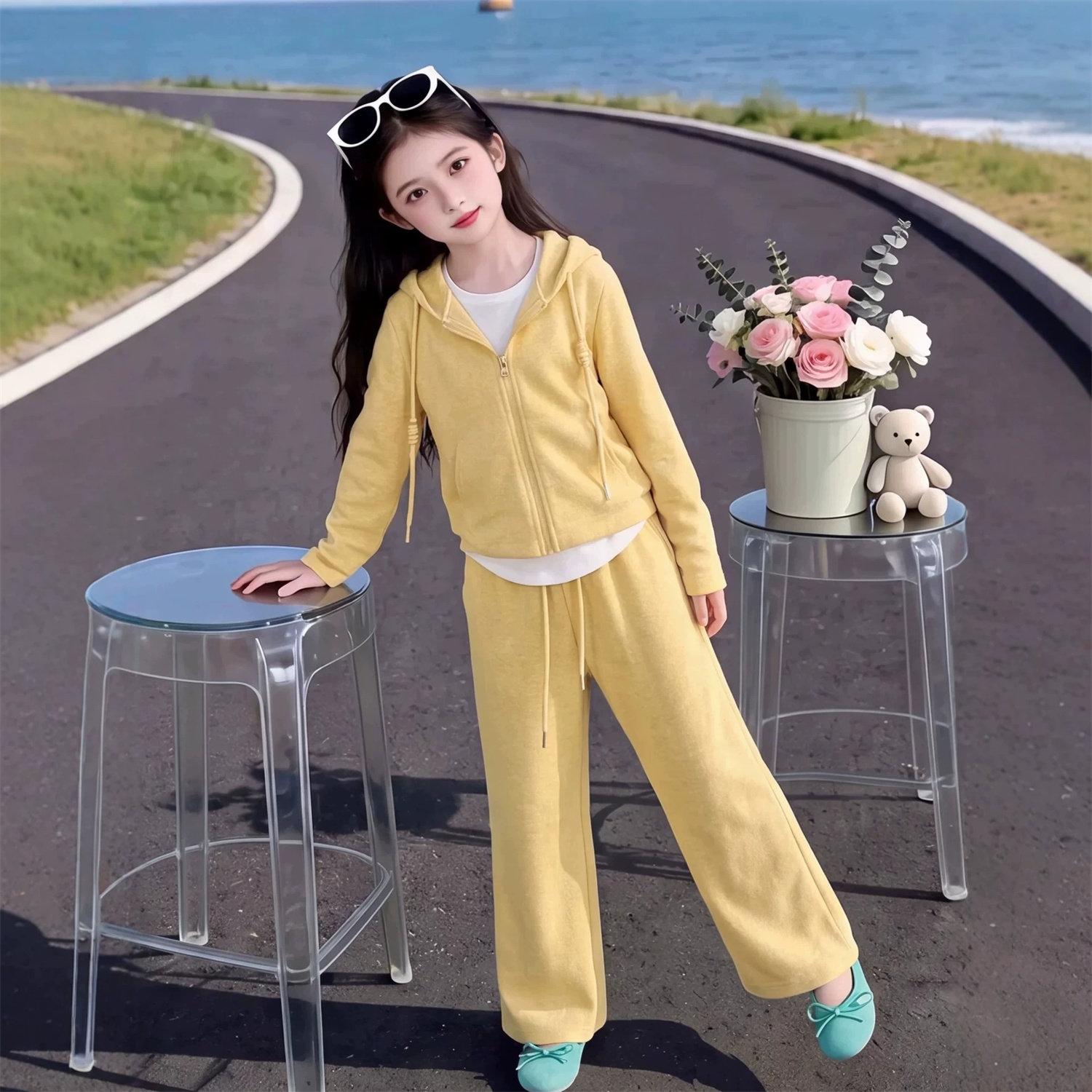 女童假两件卫衣套装春秋新款儿童休闲运动连帽衫阔腿裤两件套童装