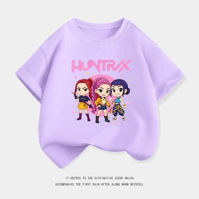 kpop demon hunters猎魔女团圆领短袖夏季宽松T恤中大童休闲上衣