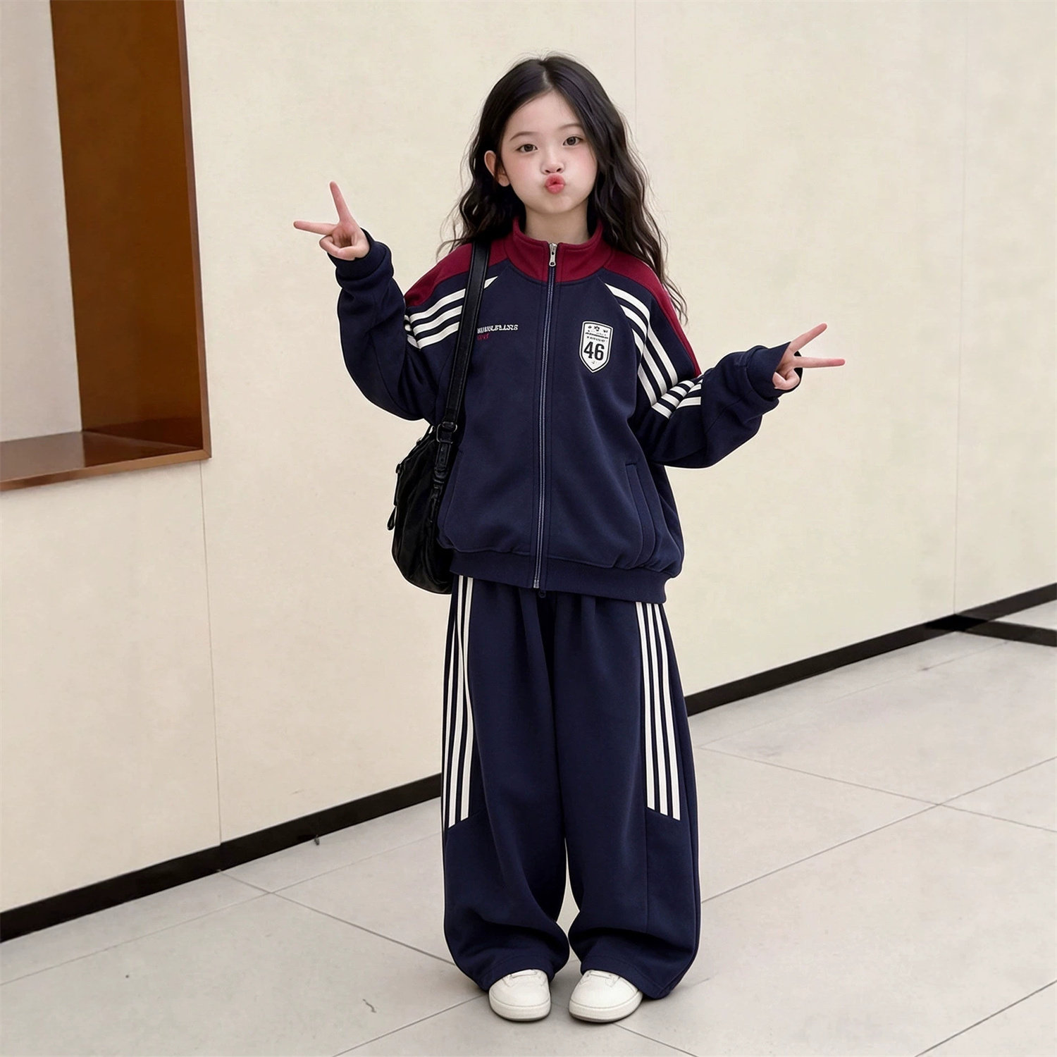 女童套装春秋新款儿童休闲韩系立领拉链卫衣阔腿裤秋装时髦两件套