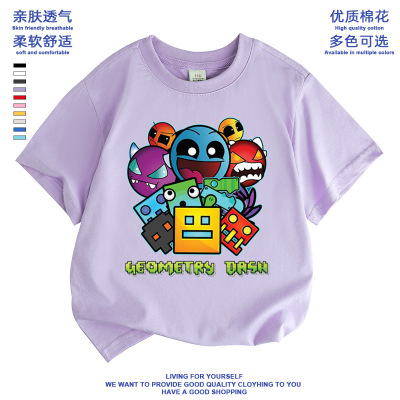 男女童装几何冲刺游戏geometry dash短袖夏季新款儿童纯棉上衣T恤