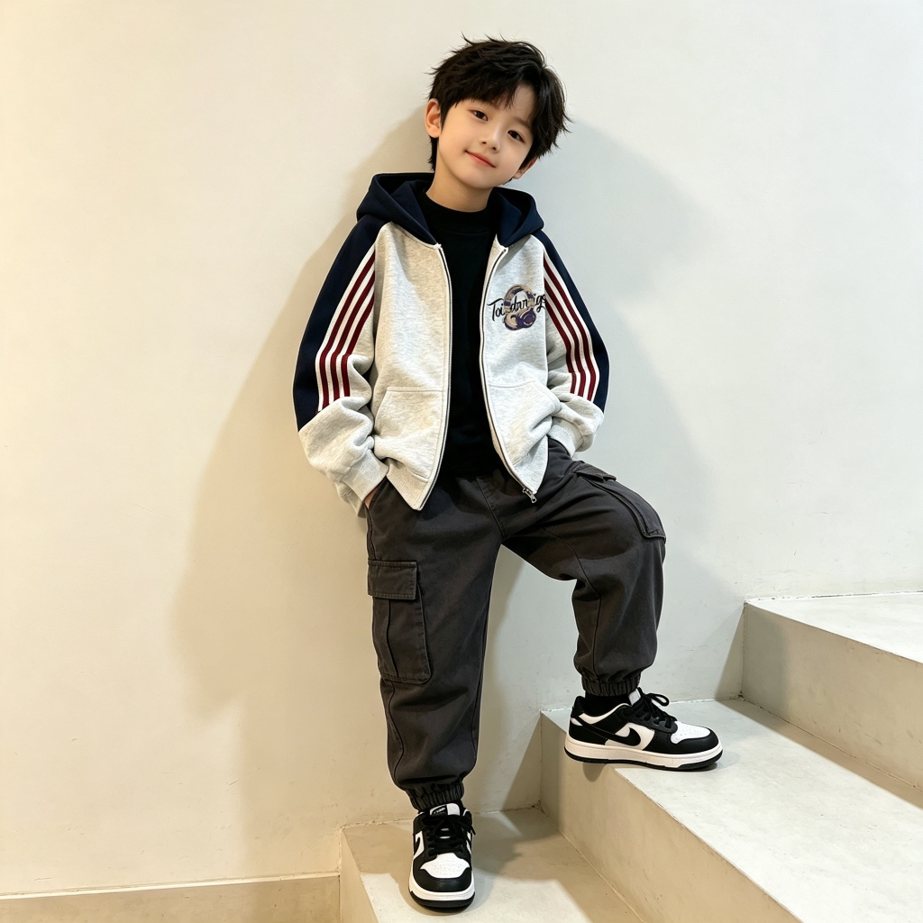 男童拼色连帽外套春秋中大童撞拉链开衫儿童宽松休闲运动卫衣外套