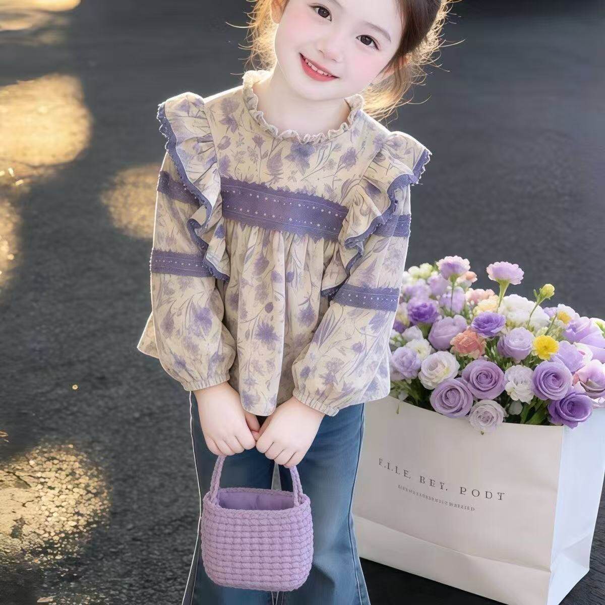春季新款2026紫色碎花长袖上衣中小女童木耳边宽松娃娃衫女童外穿