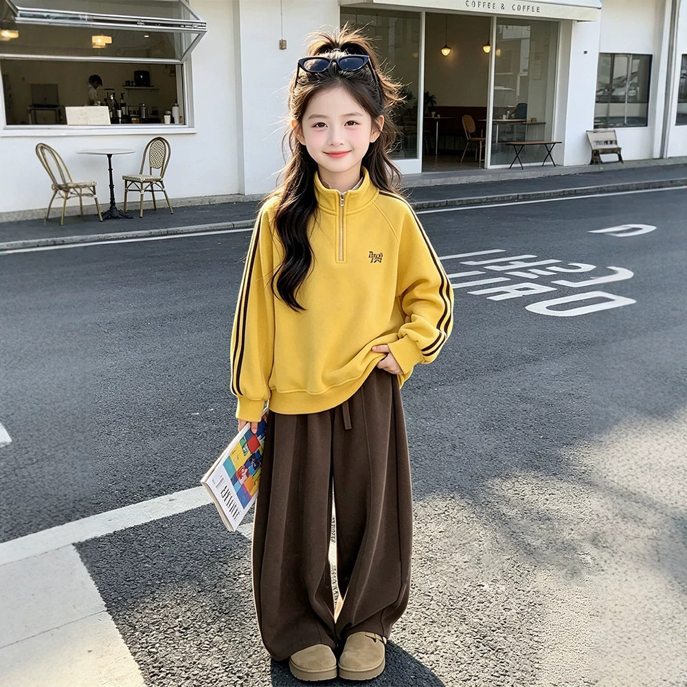 女童卫衣春秋装新款中大童休闲宽松百搭女孩时髦黄色长袖立领上衣