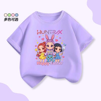 猎魔女团K-Pop Demon Hunters外贸卡通印花短袖T恤女童休闲上衣服
