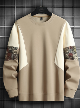 新中式卫衣男春秋季国潮拼接小熊刺绣青少年潮牌宽松圆领休闲上衣