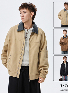 外套男2025秋季新款美式潮牌时尚撞色翻领情侣装春秋夹克加大码