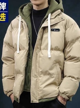 品牌优选假两件棉服外套男士新款棉衣秋冬季学院风羽绒棉面包服男