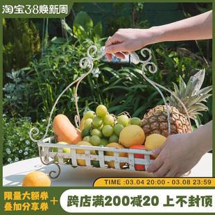 花园篮子水果托盘收纳篮 润家家居复古铁艺做旧手提篮田园风法式