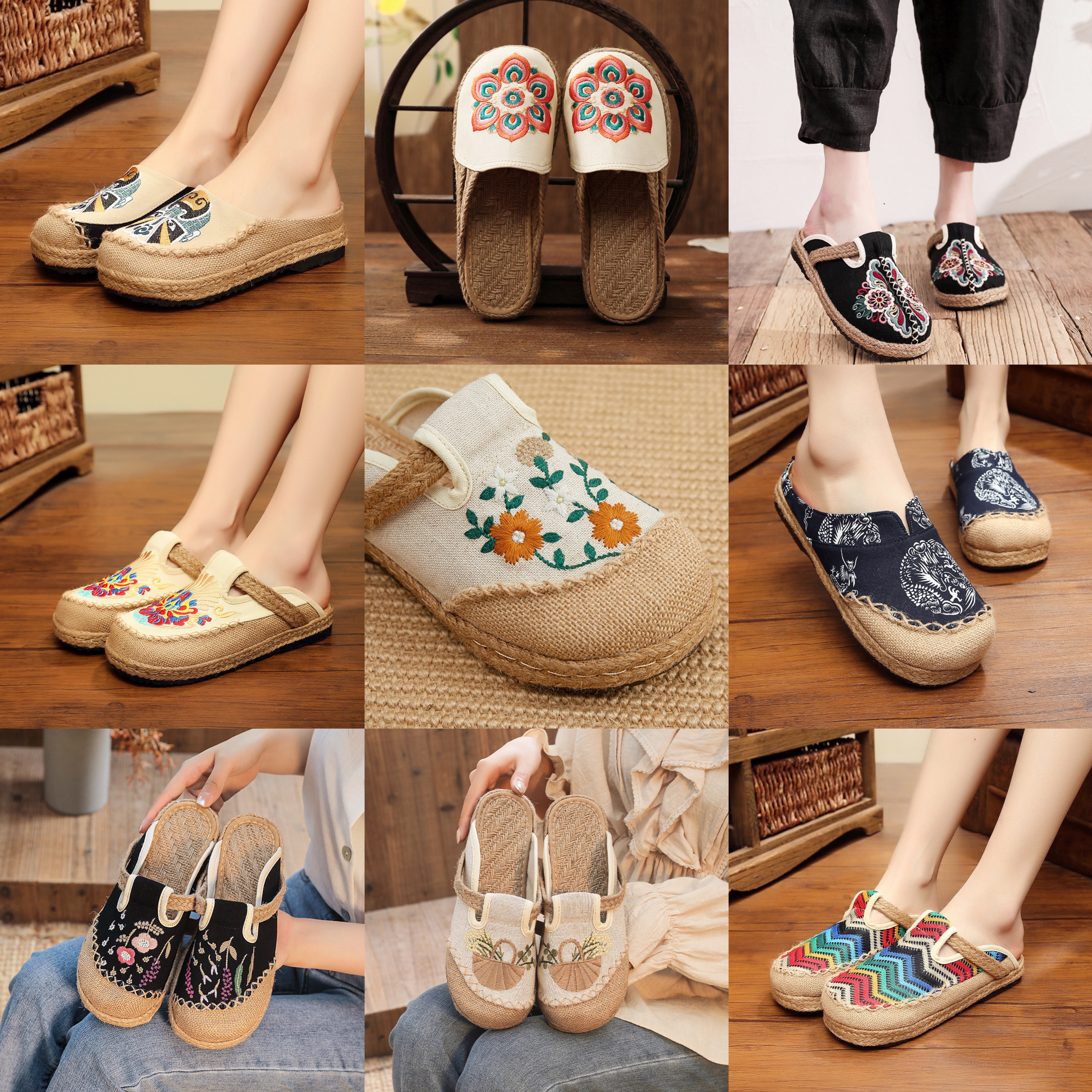 民族春夏新款北京棉麻布鞋女亚麻鞋女半拖百搭一脚蹬凉拖透气复古