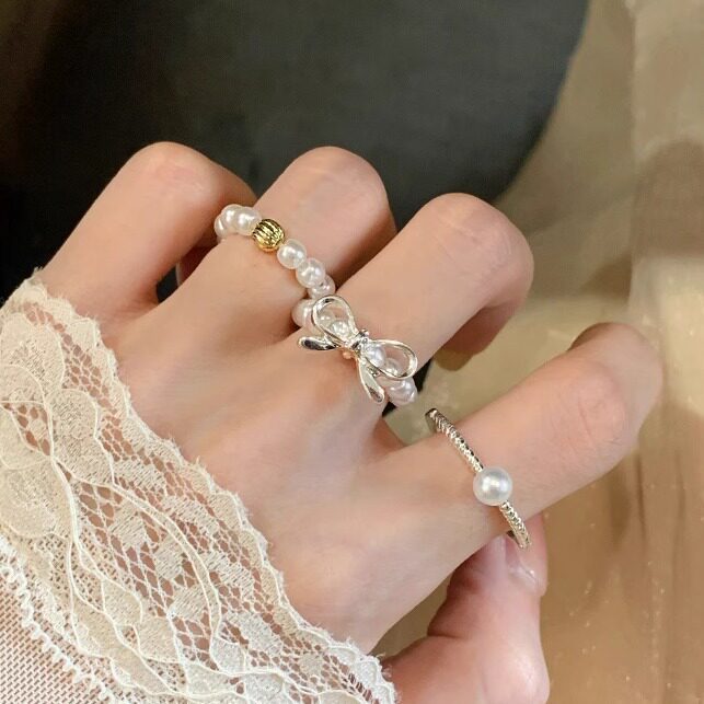 蝴蝶结珍珠串珠戒指女2025年新款