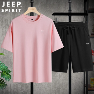 JEEP吉普新款运动休闲男士夏季纯棉上衣圆领T恤短裤纯色T两件套装