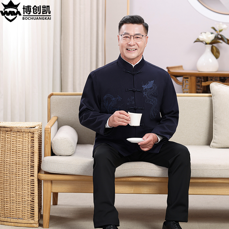中老年唐装男套装爸爸装春秋款夹克中国风爷爷秋装60岁老年人外套