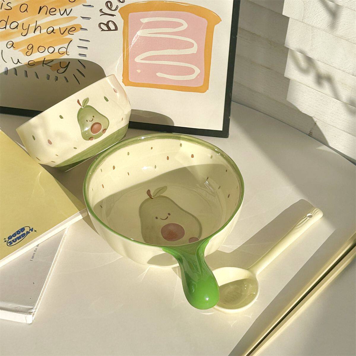 可爱卡通绿梨手柄碗陶瓷餐具套装儿童学生宿舍手把饭碗ins高颜值