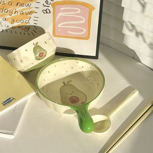 可爱卡通绿梨手柄碗陶瓷餐具套装儿童学生宿舍手把饭碗ins高颜值