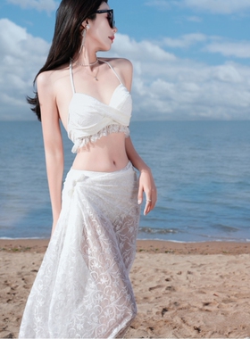 性感白色比基尼三件套蕾丝分体泳衣女夏下半身遮挡长裙度假泳装仙