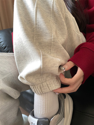白色运动裤女春秋冬2023新款小个子束脚卫裤高腰宽松加绒休闲裤子