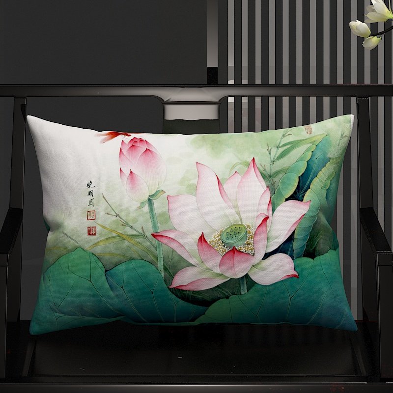 抱枕长形亚麻工笔荷花新中式中国风客厅沙发茶室禅意靠垫靠枕腰枕,居家布艺,靠垫/抱枕,淘宝优惠券,粉丝福利购,淘宝优惠卷