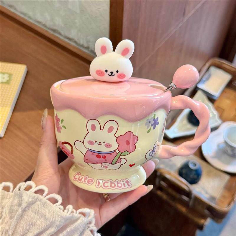 卡通小兔马克杯带盖勺可爱陶瓷杯子大容量情侣水杯女生早餐杯儿童