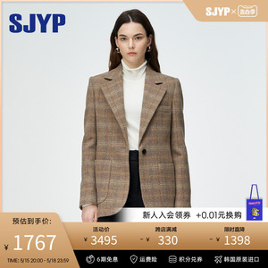 【明星同款】SJYP韩国设计感西服复古格纹纯羊毛冬新款西装外套女