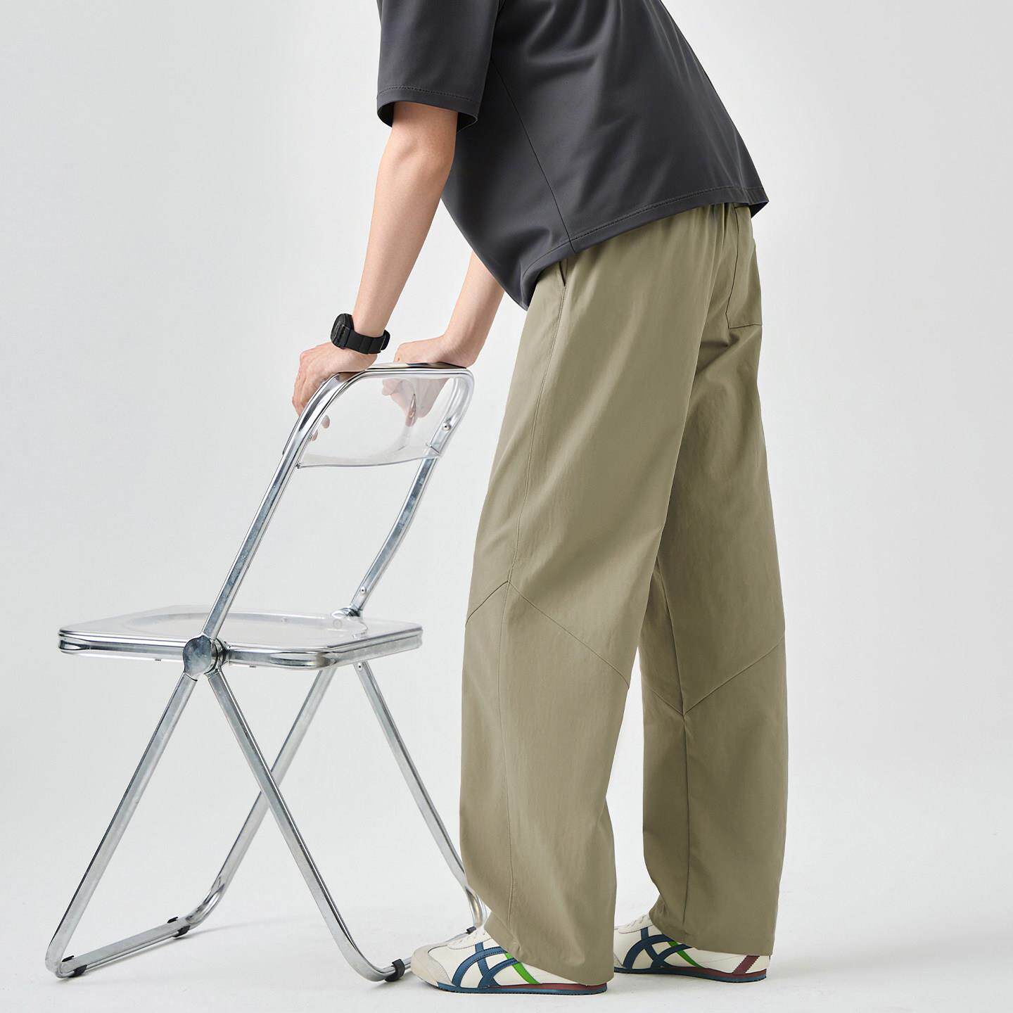 潮牌冰丝阔腿休闲裤男士夏季2026新款薄款垂感弯刀直筒速干运动裤