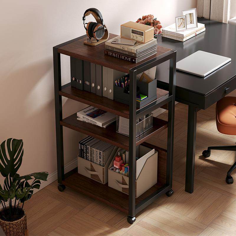 书桌旁书架落地置物架多层钢木收纳储物架可移动带轮架子简易书柜