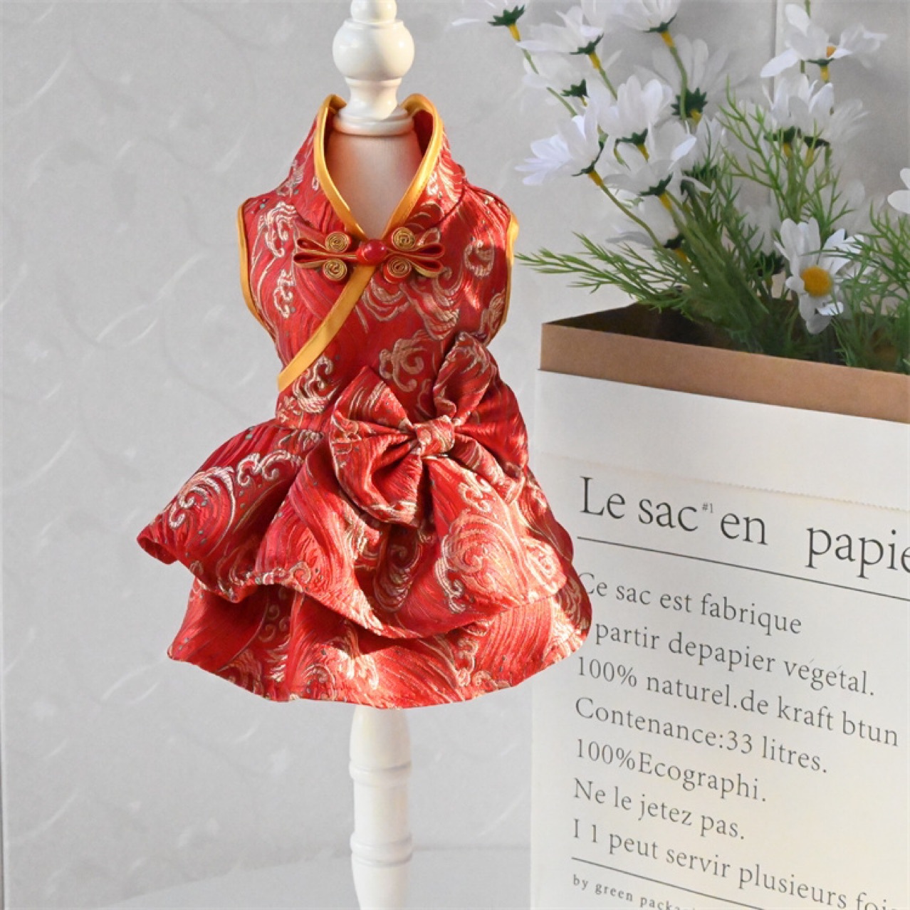 新款新中式改良旗袍人间富贵海浪花宠物比熊泰迪马尔济斯唐装