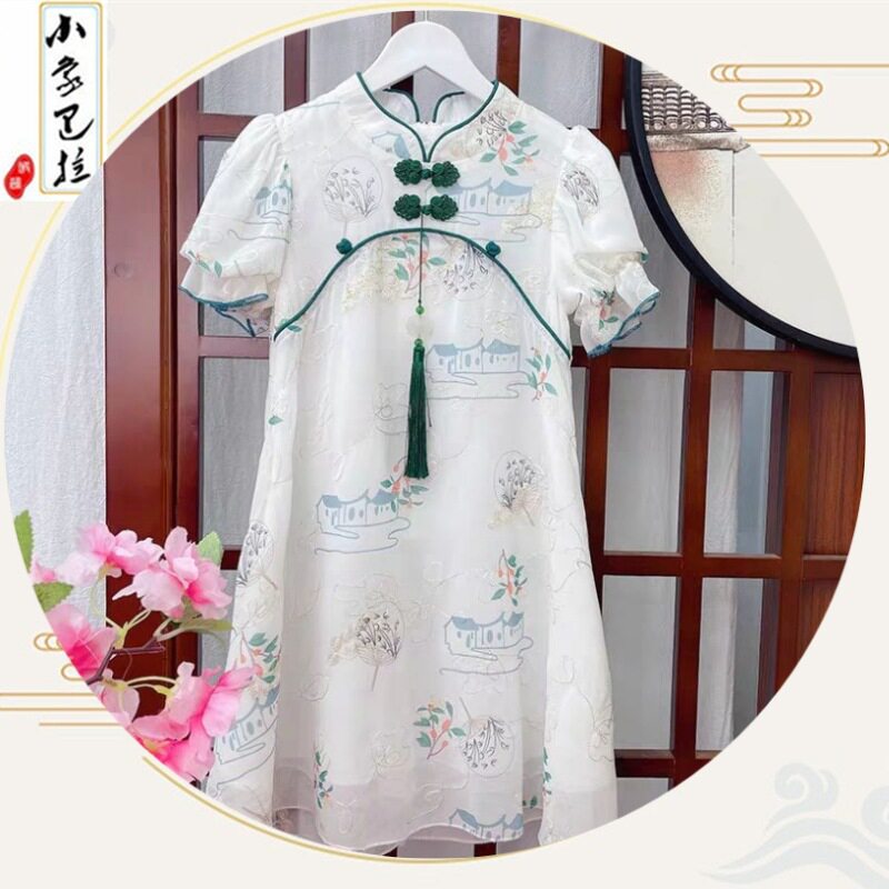 新款儿童旗袍女夏季女孩中复古