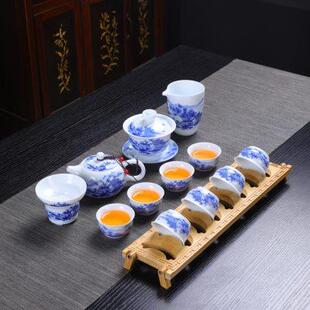 简约青花瓷功夫茶具整套复古山水盖碗办公室家用茶杯带杯架礼盒装