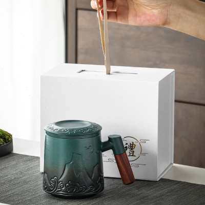 陶瓷茶水分离木柄带盖过滤泡茶水杯大容量办公三件套商务礼盒定制