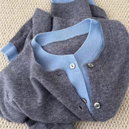 设计感拼色假两件100%纯羊毛洋气