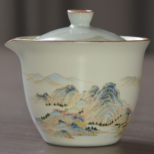 千里江山描金家用汝窑泡茶碗苍岚