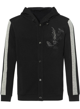 LIUJO 时尚休闲2023早秋拼色层次感黑色印花男士连帽卫衣外套