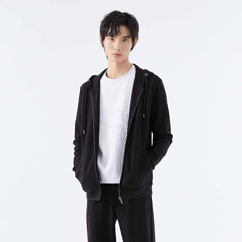 LIU·JOUOMO毛巾绣系列磨毛感拉链外套款秋季黑色卫衣09115216020