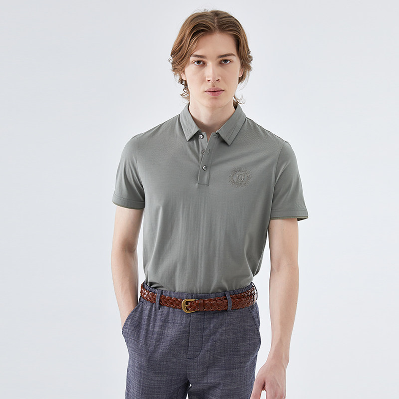 【绵羊毛】LIU·JO UOMO灰绿色休闲翻领短袖Polo衫男2023夏季新品