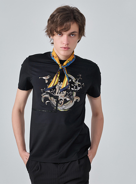 LIUJO UOMO男装夏季重工渐变烫钻植物花卉短袖T恤男棉质舒适