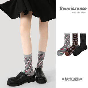 精梳棉拼色条纹个性 Renaissance袜子女ins潮秋季 酒红波点中筒女袜