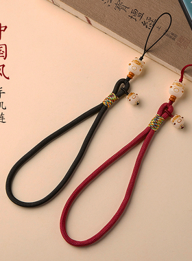 加噜可爱菩提招财猫手机挂绳短款手机链手腕绳吊坠挂件精致U盘挂饰手工编织手机壳挂绳相机绳子红色小挂件女