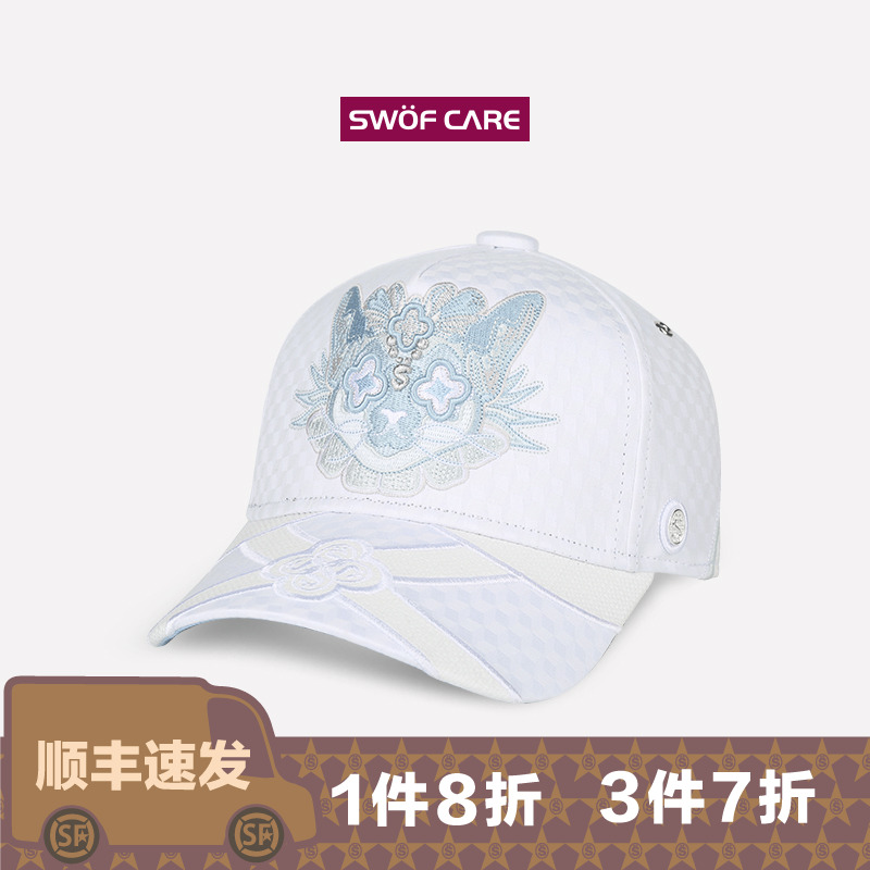 [3件7折]思沃福暹罗猫咪白色刺绣帽子情侣款时尚出游卡车棒球帽