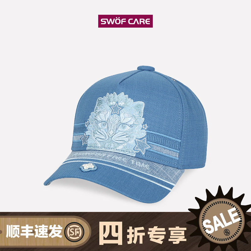 [4折专享]思沃福猫咪刺绣帽子 蓝色男女情侣款硬顶卡车棒球帽