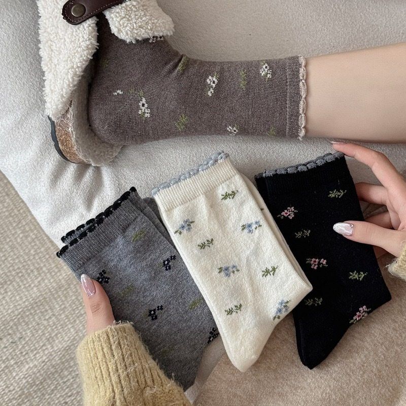 远润家暖绒袜秋冬碎花新款堆堆袜子女花边中筒日系学院风简约清新