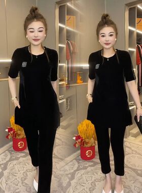 时尚套装2023年秋季新款韩版丝绒烫钻宽松显瘦休闲大衫打底裤女潮