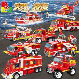 拼插积木火线救援船消防总局积木消防车积木儿童拼装玩具益智男生