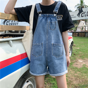 夏季大码胖mm牛仔m背带短裤女y宽松学生可爱日系阔腿显瘦短款连体